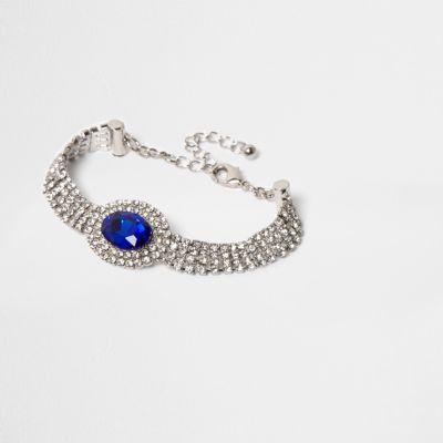 River Island Womens Silver Tone Sapphire Oval Jewel Choker