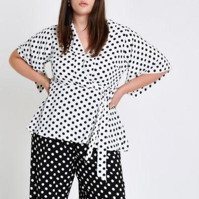 River Island Womens Plus White Polka Dot Kimono Sleeve Top