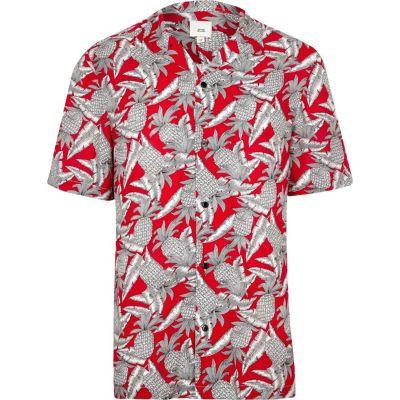 River Island Mens Pineapple Print Short Sleeve Revere Shirt