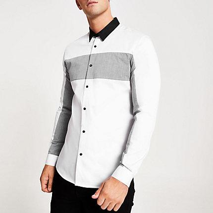 River Island Mens White Chevron Block Print Slim Fit Shirt
