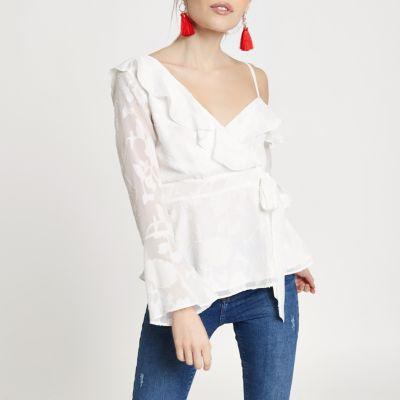 River Island Womens Petite White Jacquard One Shoulder Blouse