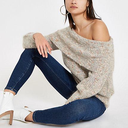 River Island Womens Luxe Knit Speckled Bardot Sweater