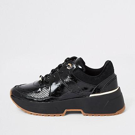 River Island Womens Patent Textured Lace-up Runner Trainers
