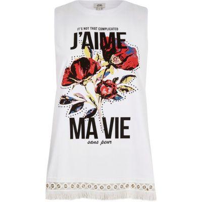 River Island Womens White 'j'aime Ma Vie' Fringe Hemk Top