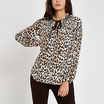 River Island Womens Leopard Print Tie Neck Blouse