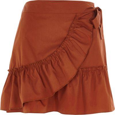River Island Womens Rust Poplin Frill Wrap Mini Skirt