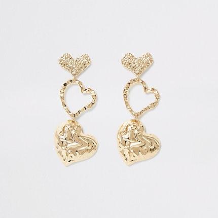 River Island Womens Gold Colour Textured Heart Drop Earrings