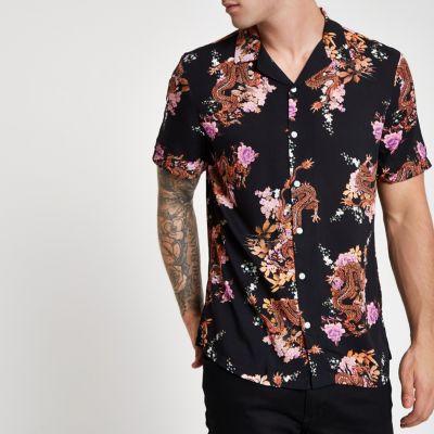 River Island Mens Short Sleeve Floral Dragon Print Shirt
