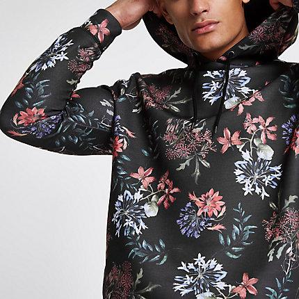 River Island Mens Floral Print Slim Fit Piped Hoodie
