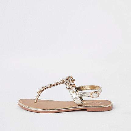 River Island Womens Gold Embellished Leather Sandal