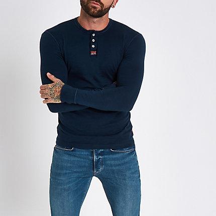 River Island Mens Superdry Muscle Fit Long Sleeve Grandad Top