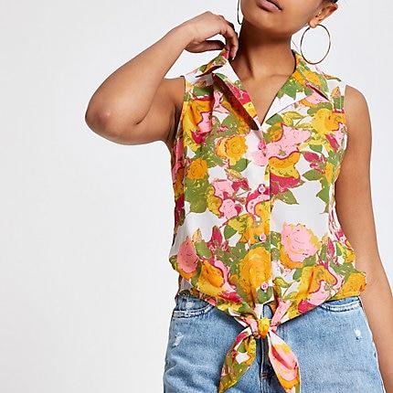 River Island Womens And Yellow Print Tie Knot Top