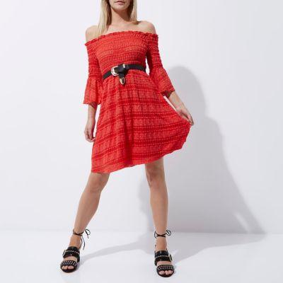 River Island Womens Petite Shirred Bardot Bell Sleeve Dress