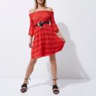 River Island Womens Petite Shirred Bardot Bell Sleeve Dress