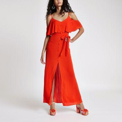 River Island Womens Cold Shoulder Tie Waist Maxi Dress