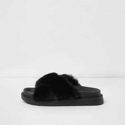 River Island Womens Faux Fur Cross Strap Sliders