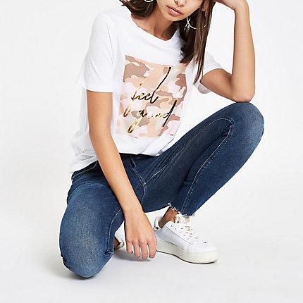 River Island Womens White 'feel Good' Foil Camo Print T-shirt