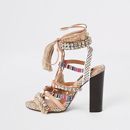 River Island Womens Embellished Fringe Tie Up Heel Sandals