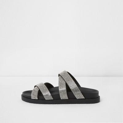 River Island Womens Heatseal Stud Cross Strap Sliders