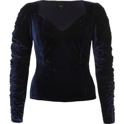 River Island Womens Velvet Sweetheart Ruched Sleeve Top