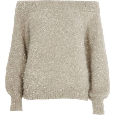 River Island Womens Gold Metallic Tinsel Yarn Bardot Jumper