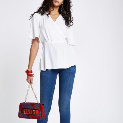River Island Womens White Kimono Sleeve Wrap Blouse