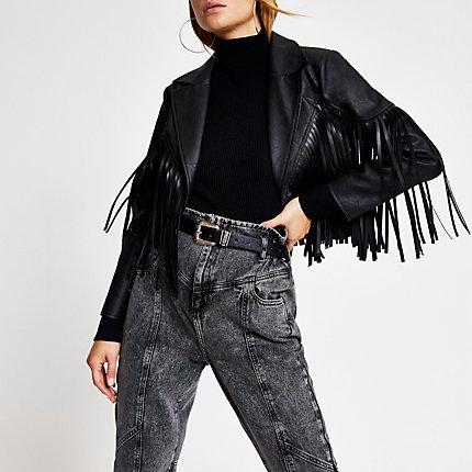 River Island Womens Faux Leather Fringe Cropped Jacket