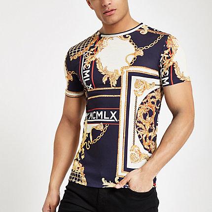 River Island Mens Slim Fit Baroque Print T-shirt