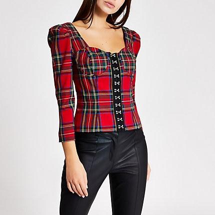 River Island Womens Check Long Sleeve Bustier Crop Top