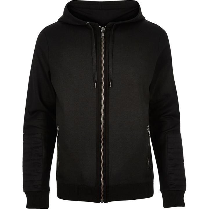 River Island Mensblack Coated Biker Sleeve Hoodie