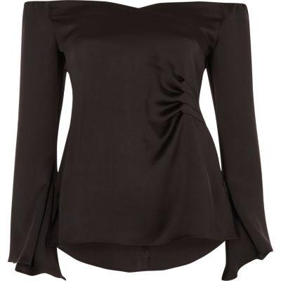 River Island Womens Bardot Long Flared Sleeve Ruched Top
