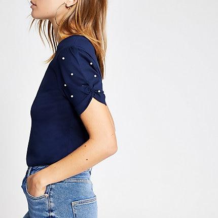 River Island Womens Pearl Embellished Knot Sleeve T-shirt