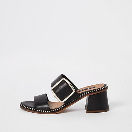 River Island Womens Leather Ball Trim Block Heel Mules