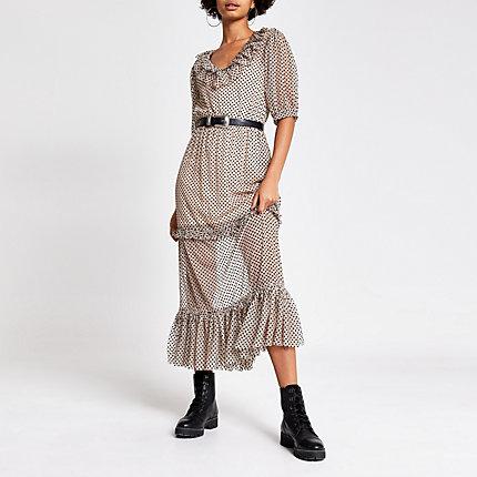 River Island Womens Polka Dot Mesh Frill Midi Dress