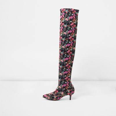 River Island Womens Floral Over-the-knee Kitten Heel Boots