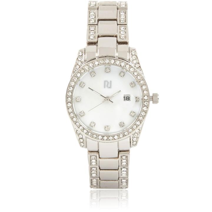 River Island Womens Silver Tone Rhinestone Encrusted Watch