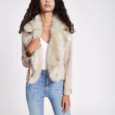 River Island Womens Faux Suede Fur Trim Biker Jacket