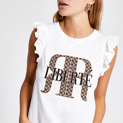 River Island Womens White Ri Frill Sleeve T-shirt