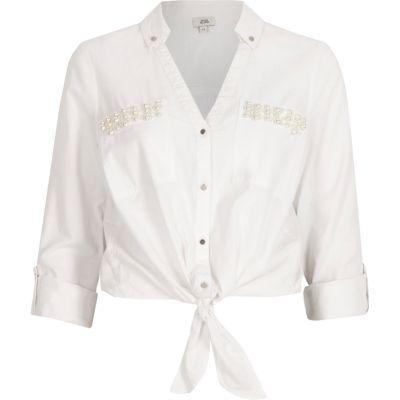 River Island Womens White Pearl Pocket Knot Front Shirt