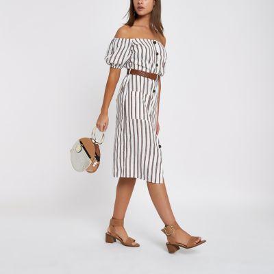 River Island Womens Button Through Stripe Bardot Dress