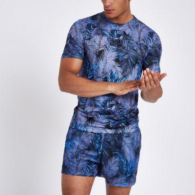 River Island Mens Palm Print Slim Fit Mesh T-shirt