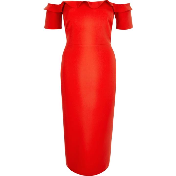 River Island Womens Frill Bardot Neck Pencil Midi Dress