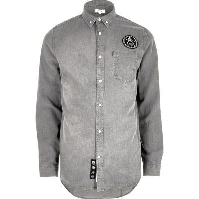 River Island Mensgrey Wash Casual Badge Denim Shirt