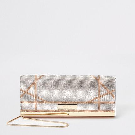 River Island Womens Silver Diamante Cutabout Underarm Clutch Bag