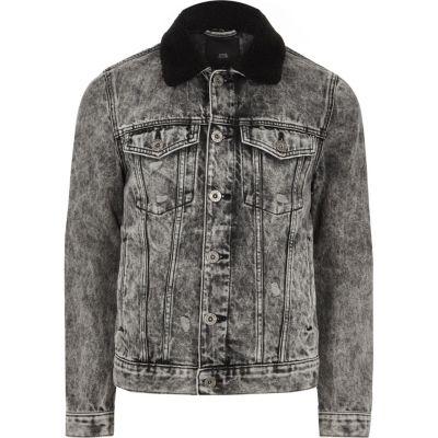 River Island Mens Acid Wash Fleece Collar Denim Jacket