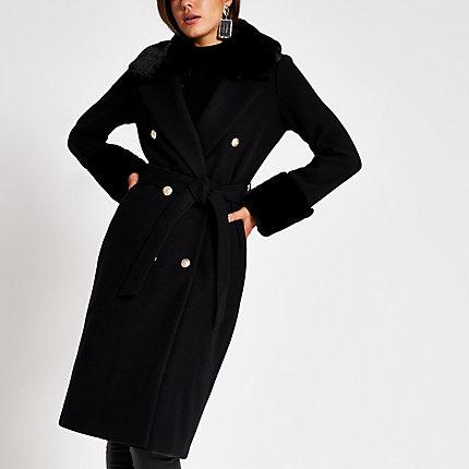 River Island Womens Faux Fur Trim Tie Belt Longline Coat