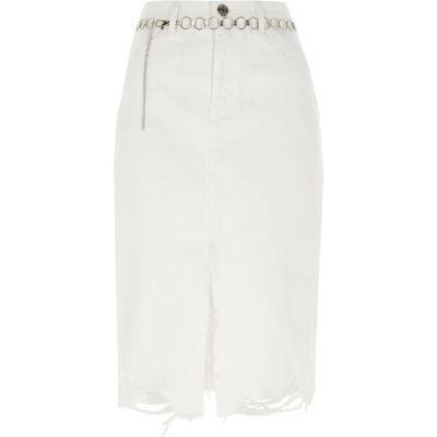 River Island Womens White Denim Ripped Hem Denim Pencil Skirt