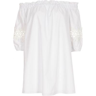 River Island Womens Petite White Bardot Crochet Sleeve Mini Dress