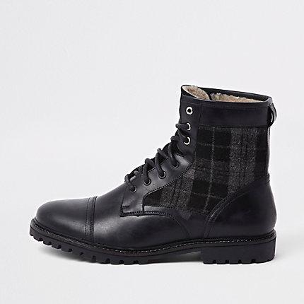 River Island Mens Leather Check Insert Military Boots