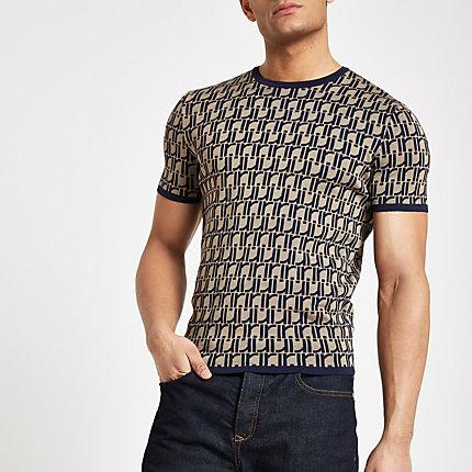 River Island Mens Ri Monogram Muscle Fit Knit T-shirt